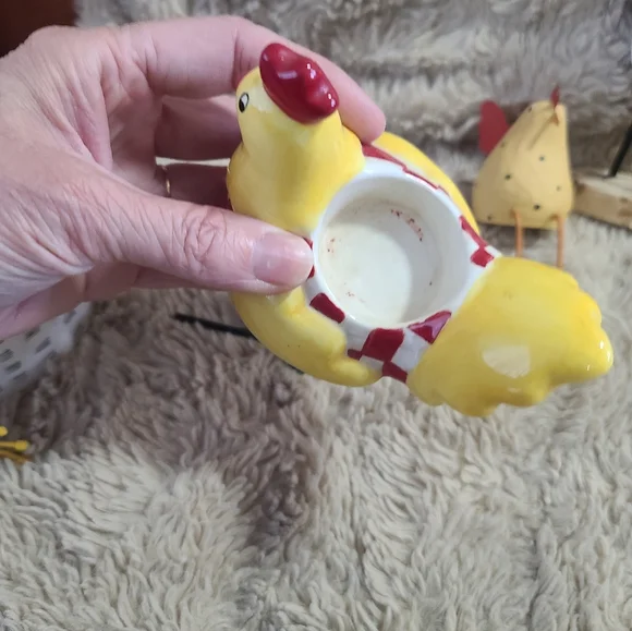 Colorful Chicken Figurine Set, Shelf Sitter, Navajo Signed Wood Chicken, Dept 56 - Picture 7 of 13